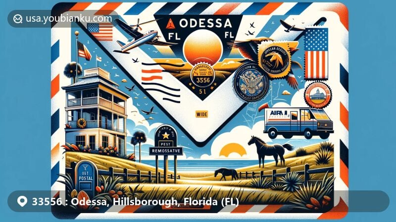 Artistic depiction of Odessa, Florida, showcasing airmail envelope with state flag, ranches, and horses, emphasizing ZIP code 33556, stamps with landmark images, and postal symbols.