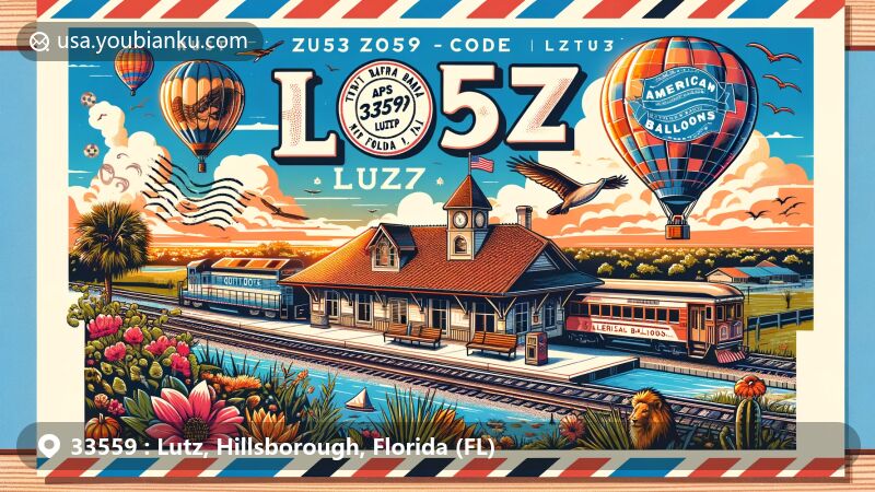 Modern illustration of Lutz, Florida, ZIP code 33559, featuring local wildlife, historical train depot, TPC Tampa Bay golf course, Florida landscapes, American Balloons hot air ballooning, and postal elements like stamps and postmark.