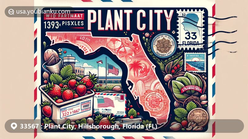 Modern illustration of Plant City, Hillsborough County, Florida, depicting its charm as the Winter Strawberry Capital of the World, with elements like strawberries, Florida state flag, and postal motifs.