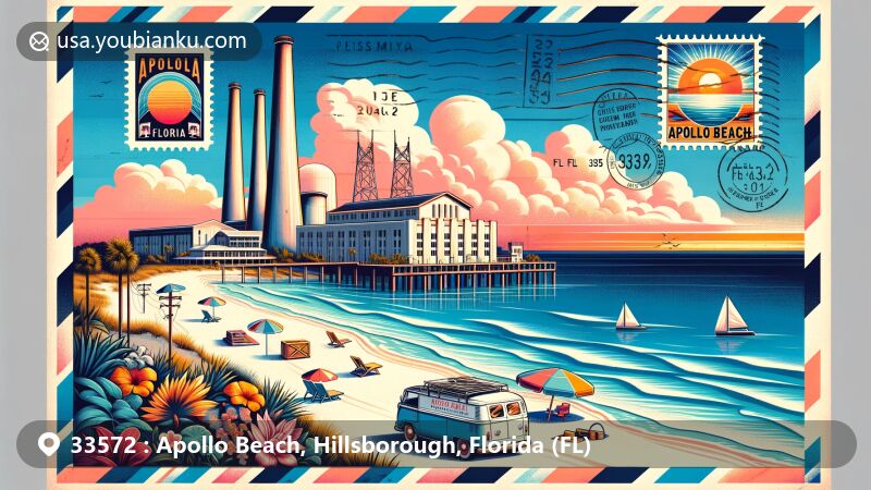 Modern illustration of Big Bend Power Station in Apollo Beach, Florida, with Gulf Coast backdrop, featuring airmail envelope border with vintage postage stamp of Florida state flag and postmark 'Apollo Beach, FL 33572'.