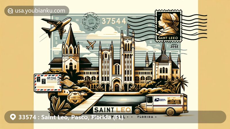 Modern illustration of Saint Leo, Florida, showcasing academic excellence with Saint Leo University, religious landmarks including Holy Name Monastery and St. Leo Abbey, and postal elements featuring ZIP Code 33574 and iconic views.