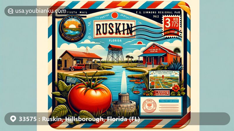Modern illustration of Ruskin, Florida, with postal theme showcasing ZIP code 33575, E.G. Simmons Regional Park, and Ruskin Tomato Festival.