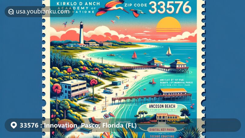 Modern illustration of ZIP code 33576 area in Pasco County, Florida, featuring Gulf of Mexico beaches like Anclote Key Preserve State Park, Hudson Beach Park, and Green Key Beach. Includes Kirkland Ranch Academy of Innovation elements showcasing high-tech education in cybersecurity, digital media, and robotics.