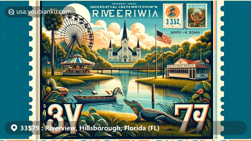 Modern illustration of Riverview, Florida, highlighting ZIP code 33579, featuring Triple Creek Nature Preserve, International Independent Showmen’s Museum, St. Matthew's Anglican Church, and Florida wildlife.