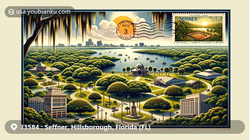 Modern illustration of Seffner, Florida, featuring lush citrus groves, Lake Weeks with Spanish moss, Seffner-Mango Park, and postal theme with stamps of Seffner-Mango Branch Library and Rodney Colson Sports Complex, postmark 'Seffner, FL 33584'.