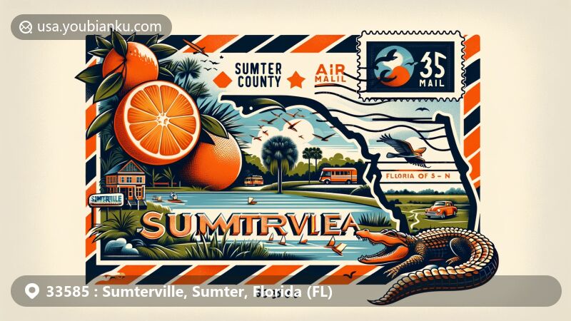 Modern illustration of Sumterville, Sumter County, Florida, featuring a creatively designed air mail envelope showcasing ZIP Code 33585, with subtle watermark of Sumter County outline, artistic representation of Florida's landscapes and wildlife, iconic symbols like the orange and American alligator, and stylized landmarks like Lake–Sumter State College and Shady Brook Golf and RV Resort.