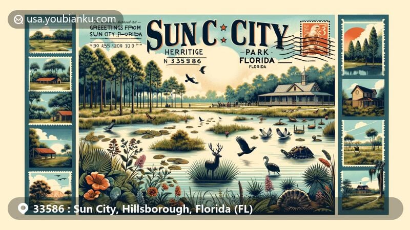 现代插画风格的图像，展示了Sun City Heritage Park的自然美景，覆盖多样性生境，包括湿地、松树平原和橡树丛林，融入本地动植物元素如鸟类、鹿、乌龟。复古明信片布局，突出ZIP码33586，饰有邮票、邮戳和“来自佛罗里达州Sun City的问候”。