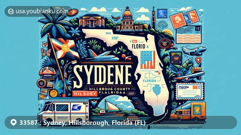 Modern illustration of Sydney, Hillsborough County, Florida, representing ZIP code 33587, featuring state symbols and postal elements with vibrant design.