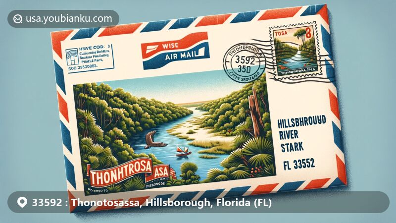 Modern illustration of Hillsborough River State Park in Thonotosassa, Florida, with air mail envelope showcasing ZIP code 33592 and postcard featuring scenic stamp.