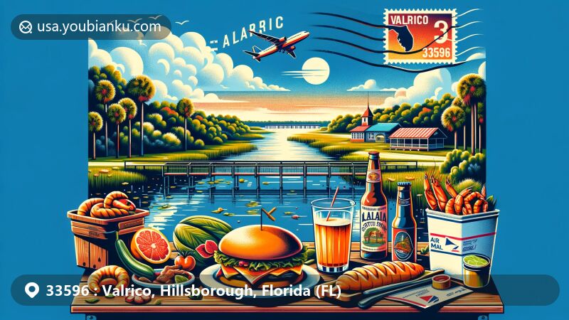 Modern illustration of Valrico, Florida, highlighting ZIP code 33596 with a scenic landscape of Alafia River State Park and culinary delights like Cuban sandwich and key lime pie.