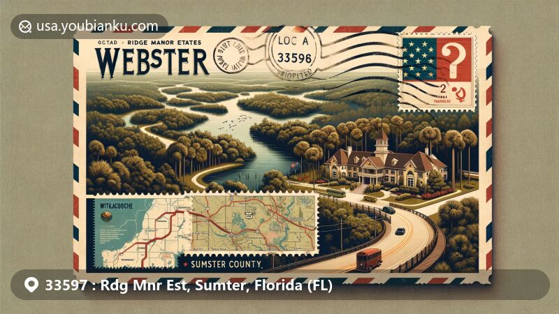 Modern illustration of Ridge Manor Estates, Webster, Sumter County, Florida, with a postal theme highlighting ZIP code 33597, Including Withlacoochee State Trail, Florida state flag stamp, and Sumter County map outline.