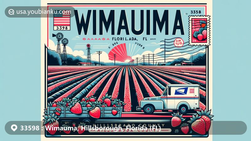 Modern illustration of Wimauma, Hillsborough County, Florida, capturing the agricultural heritage with a focus on strawberry fields and a creative incorporation of a postcard theme and ZIP code 33598.