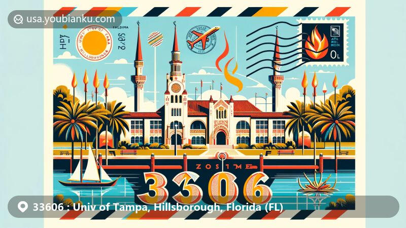 Modern illustration of ZIP code 33606, showcasing University of Tampa in Hillsborough County, Tampa, Florida, featuring Plant Hall, Sticks of Fire sculpture, Florida palm trees, and Hillsborough River.