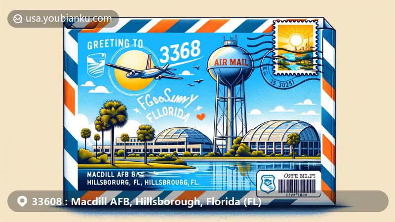 Modern illustration of Macdill AFB, Hillsborough, FL, showcasing air mail envelope with ZIP code 33608, featuring Macdill Air Force Base water tower, Tampa Riverwalk, and Florida state flag.