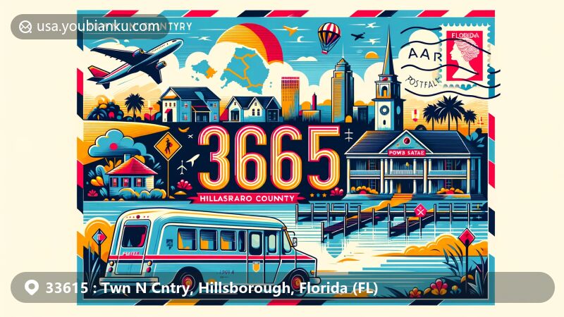 Modern illustration of Town 'n' Country, Hillsborough County, Florida, with ZIP code 33615, featuring local parks, state symbols, and postal elements in a vibrant web-friendly style.
