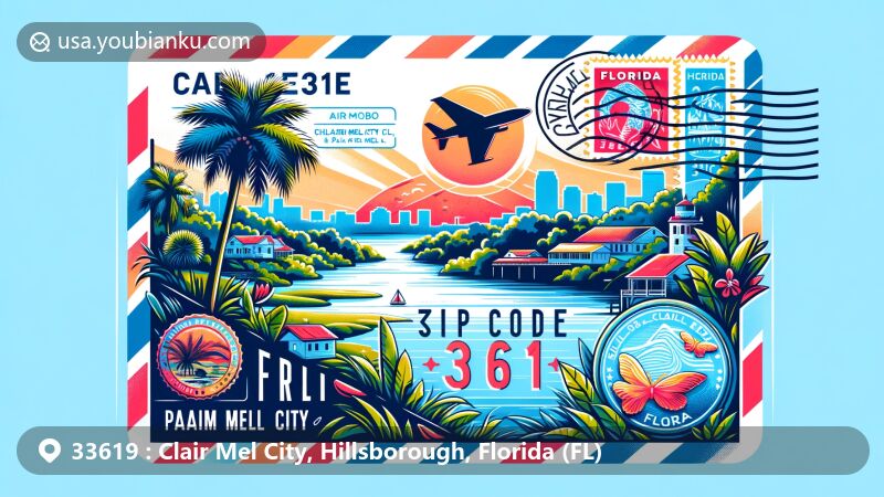 Vibrant illustration representing postal code 33619, showcasing geographical and postal features of Clair Mel City and Palm River-Clair Mel area in Florida. Background highlights natural beauty of Palm River, emphasizing its close connection to nature and proximity to Tampa in Hillsborough County. Foreground features a creative airmail envelope integrating silhouettes of Clair Mel City and Palm River-Clair Mel. Stamp on envelope displays '33619' with Florida state symbols, reflecting state identity. Postmark celebrates the region, adding realism to postal theme, making it a vivid representation of ZIP code's unique location and postal heritage.
