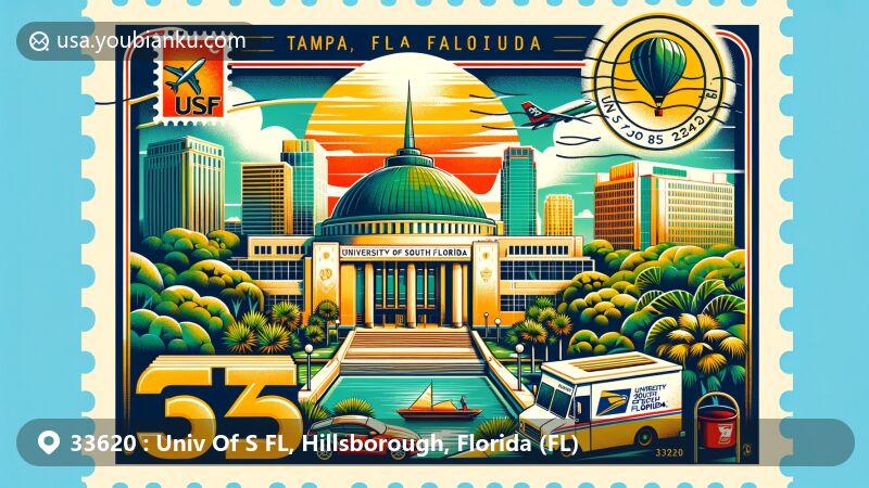 Modern illustration of the University of South Florida (USF) area in zipcode 33620, featuring USF Sun Dome, Botanical Gardens, and Contemporary Art Museum, with postal theme including postcard frame, stamps, and postal vehicles in green and gold colors.