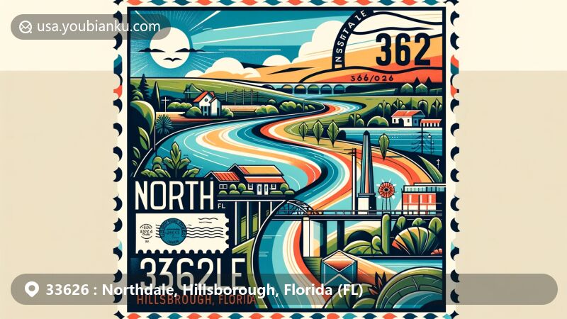 Modern illustration of Northdale, Hillsborough County, Florida, showcasing postal theme with ZIP code 33626, highlighting geographic location within the county and state, emphasizing natural beauty and water features.