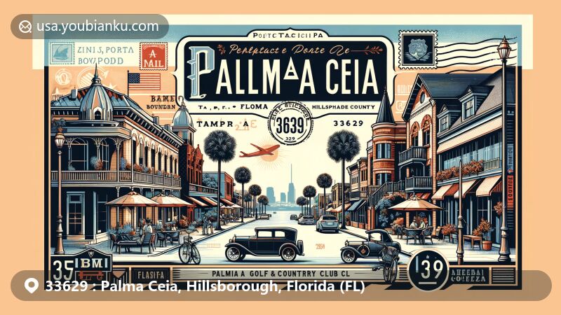 Modern illustration of Palma Ceia district in Tampa, Florida, showcasing postal theme with ZIP code 33629, highlighting European influence, brick-lined streets, Bayshore Boulevard waterfront, Palma Ceia Golf & Country Club, and Design District.
