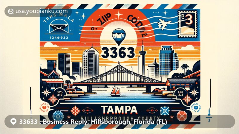 Modern illustration of Tampa, Florida, featuring ZIP code 33633, showcasing skyline with Sunshine Skyway Bridge and vintage postal design.