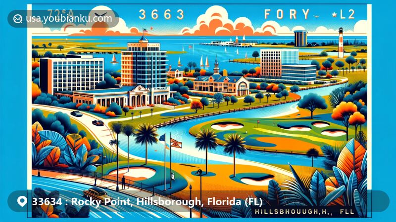 Modern illustration of Rocky Point, Hillsborough County, Florida, highlighting ZIP code 33634, featuring the historic Rocky Point Golf Course and luxurious hotels against a backdrop of office buildings, with iconic palm trees and clear blue sky symbolizing the area's charm and vibrancy.