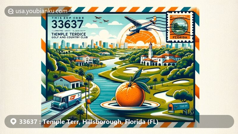 Modern illustration of Temple Terrace, Hillsborough County, Florida, inspired by postal theme with ZIP code 33637, showcasing Hillsborough River, sand live oak trees, Temple Terrace Golf and Country Club, and Temple orange, reflecting city's history and natural beauty.