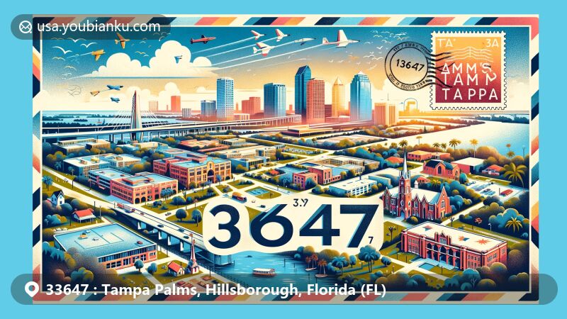 Modern illustration of Tampa Palms, Hillsborough County, Florida, featuring ZIP code 33647, showcasing award-winning mixed-use community design with homes, shops, offices, and landmarks like University of Tampa and Ybor City.