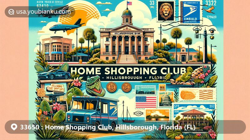 Modern illustration of Home Shopping Club, Hillsborough County, Florida, featuring Hillsboro State Bank Building, Egmont Key, and Fort Foster, blended with postal elements and vintage postcard design. Includes postal truck delivering mail, Florida's sunny skies, and ZIP code 33650.