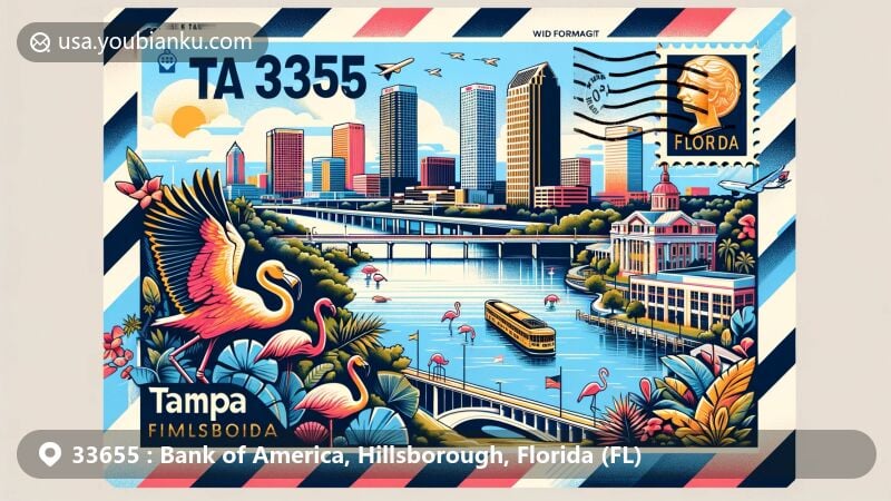 Modern illustration of Bank of America area, ZIP code 33655, Hillsborough County, Florida, resembling an air mail envelope with postage stamp, postmark, and Tampa landmarks.