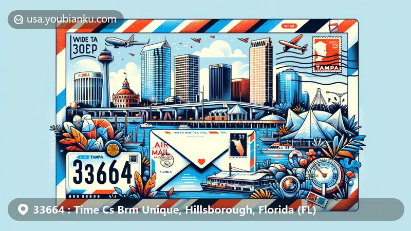 Modern illustration of Tampa, Florida, blending postal elements with cityscape, featuring air mail envelope with ZIP code 33664, Florida Aquarium, state flag, and postcard depicting local landmarks.