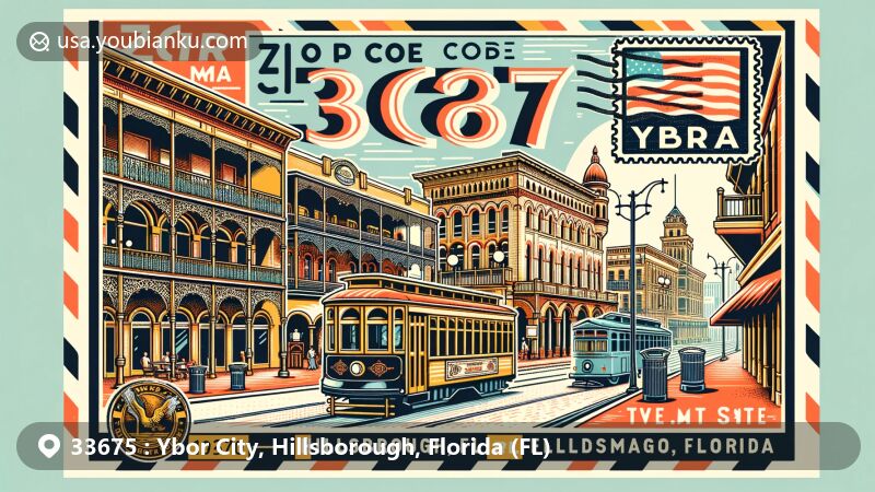 Modern illustration of Ybor City, Hillsborough, Florida, featuring postal theme with ZIP code 33675, highlighting J.C. Newman Cigar Factory, TECO Streetcar, and cultural influences from Cuba and Spain, including La Unión Martí-Maceo social club.