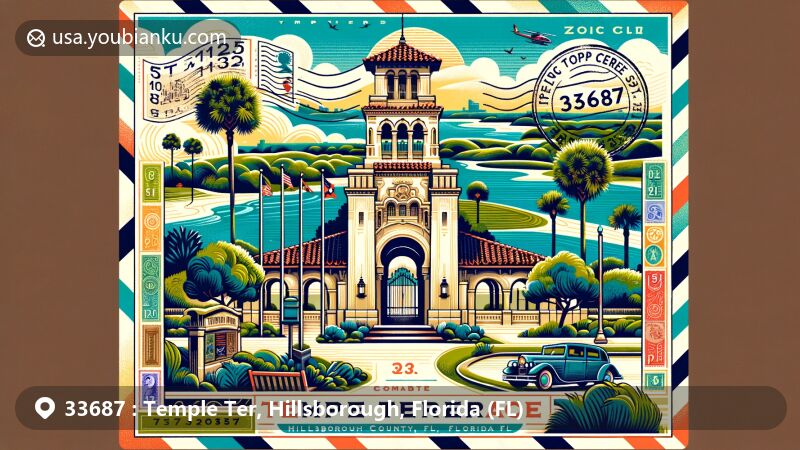 Modern illustration of Temple Terrace, Hillsborough County, Florida, showcasing postal theme with ZIP code 33687, featuring the iconic Temple Terrace entry tower and Mediterranean Revival style architecture, surrounded by sand live oak trees and the Hillsborough River.