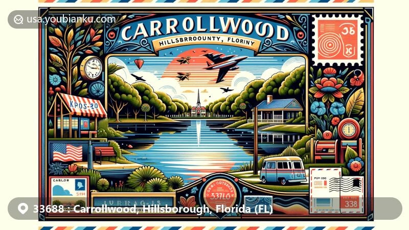 Contemporary illustration of Carrollwood, Hillsborough County, Florida, capturing the essence of Lake Carroll and diverse local flora, framed with a modern postcard design featuring the ZIP code 33688 and symbolic postal elements.