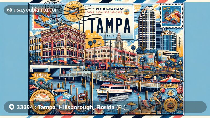 Modern illustration of Tampa, Florida, showcasing historical charm of Ybor City and vibrant Channelside Tampa, featuring cigar-making heritage, Cuban sandwich tradition, Sparkman Wharf, and Florida Aquarium.
