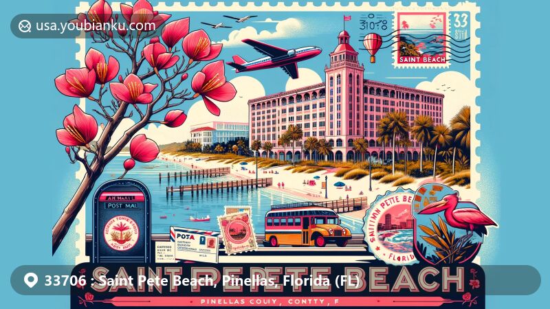 Vibrant illustration of Saint Pete Beach, Pinellas County, Florida, capturing the charm of ZIP code 33706 with the iconic Don CeSar Hotel and local flora like Kapok Tree flowers.
