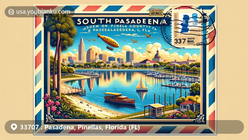 Modern illustration of South Pasadena, Pinellas County, Florida, inspired by ZIP code 33707, merging local landmarks with postal themes against the backdrop of Boca Ciega Bay, showcasing iconic buildings like the Museum of Fine Arts, the Dali Museum, and the Museum of History, framed in a vintage air mail envelope revealing a postcard of the city skyline, featuring '33707 South Pasadena, FL'.