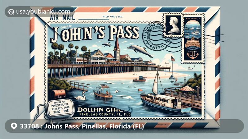 Modern illustration of Johns Pass, Pinellas County, Florida, featuring air mail envelope with postcard showing iconic boardwalk and dolphin watching, highlighting historic fishing village and local attractions.