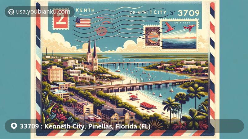 Modern illustration of Kenneth City, Florida, highlighting scenic beauty and postal theme with ZIP code 33709, featuring Sawgrass Lake Park, Pass-a-Grille beach village, Madeira Beach at Archibald Beach Park, and Florida state flag.