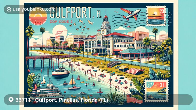 Modern illustration of Gulfport, Florida, highlighting ZIP code 33711, featuring Casino Ballroom and Clam Bayou Nature Preserve.