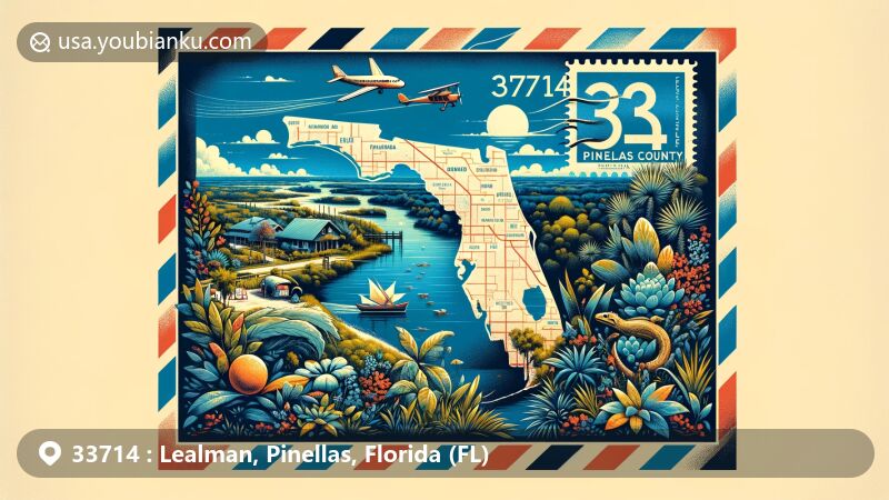 Vibrant illustration of Lealman, Florida, celebrating ZIP code 33714, featuring Gulf Coast beauty, local flora and fauna, and postal elements like air mail envelope and postage stamp.