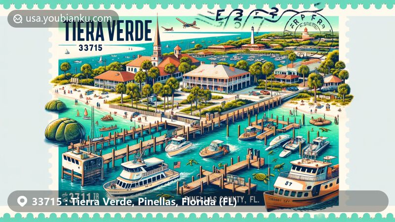 Vivid postal illustration of Tierra Verde, Pinellas County, Florida, featuring ZIP code 33715 and iconic landmarks like Fort De Soto Park, marinas, fishing spots, and Egmont Key ferry, embodying the boating community's outdoor and marine lifestyle.