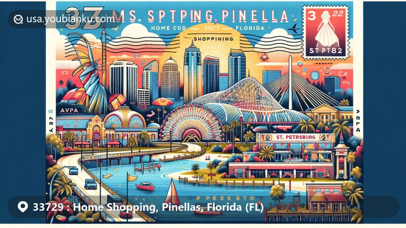Modern illustration of Home Shopping area in Pinellas County, Florida, highlighting St. Petersburg skyline with landmarks like Salvador Dali Museum, Sunshine Skyway Bridge, and St. Petersburg Pier. Incorporating diverse art and cultural scenes of Pinellas County, including art walks, festive events, and a nod to the Home Shopping Network headquarters in the area. Featuring postal design elements such as stamps, postal marks, and prominently displayed ZIP code 33729, capturing the region's unique cultural richness and innovative business essence, set against the beautiful Gulf Coast of Florida.