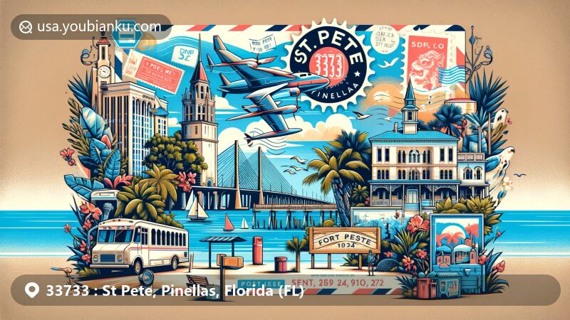 Modern illustration of St. Pete, Pinellas, Florida, highlighting iconic landmarks like Sunshine Skyway Bridge, Vinoy Hotel, and Fort De Soto Park. Reflects rich history, stunning landscapes, vibrant arts scene, and postal theme with ZIP code 33733.