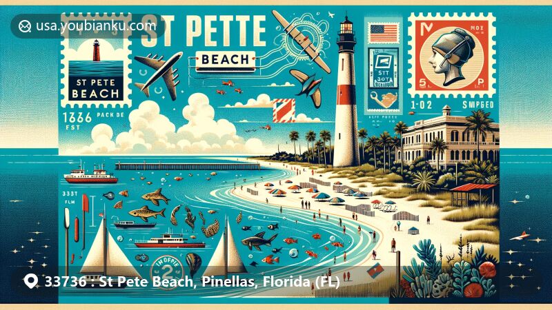 Modern illustration of St Pete Beach, Pinellas, Florida (FL), blending Egmont Key State Park and Fort De Soto Park with postal theme for ZIP code 33736, featuring clear blue-green waters, marine life, historic ruins, lighthouse, sandy beaches, wildlife, and fort museum.