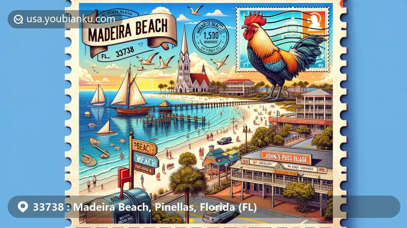Creative illustration of Madeira Beach, Florida, capturing the charm of the beach town, showcasing 2.5-mile sandy beach, John's Pass Village & Boardwalk, and a postcard with ZIP code 33738 featuring the 'Chicken Church' stamp, postal elements, and scenic beauty.