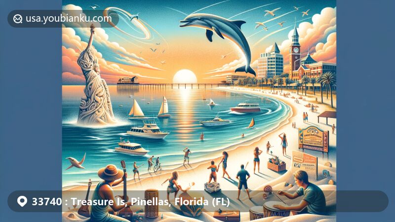Modern illustration of Treasure Island, Pinellas County, Florida, featuring beach, sunset drum circle, dolphins, boardwalk at Johns Pass, sand sculpture competition, shells, and sports equipment, adorned with postal stamp with ZIP code 33740.