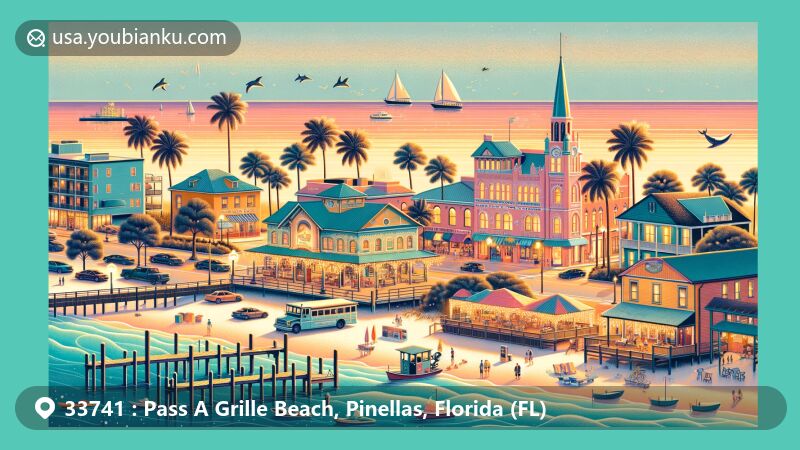 Modern illustration of Pass A Grille Beach, Pinellas County, Florida, capturing the picturesque beach, Merry Pier, Gulf Beaches Historical Museum, and scenes from the historic district, with a warm sunset and marine life references.