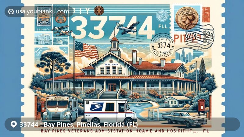 Modern illustration of Bay Pines, FL, highlighting ZIP code 33744, merging Bay Pines Veterans Administration Home and Hospital Historic District with postal culture elements.