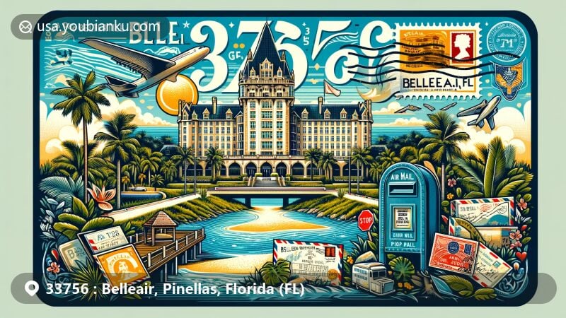 Vibrant illustration of Belleair, Pinellas County, Florida, featuring Belleview Biltmore Hotel, palm trees, Gulf of Mexico, and postal theme with vintage postcard elements.