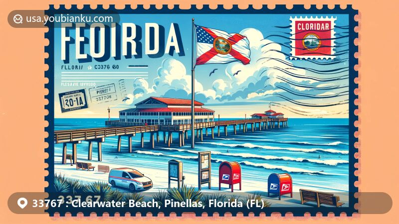 Modern illustration of Clearwater Beach, Pinellas County, Florida, featuring iconic Pier 60 and Florida state flag, showcasing postal theme with ZIP code 33767, including stamp, postmark, mailbox, and mail van, in a contemporary style.